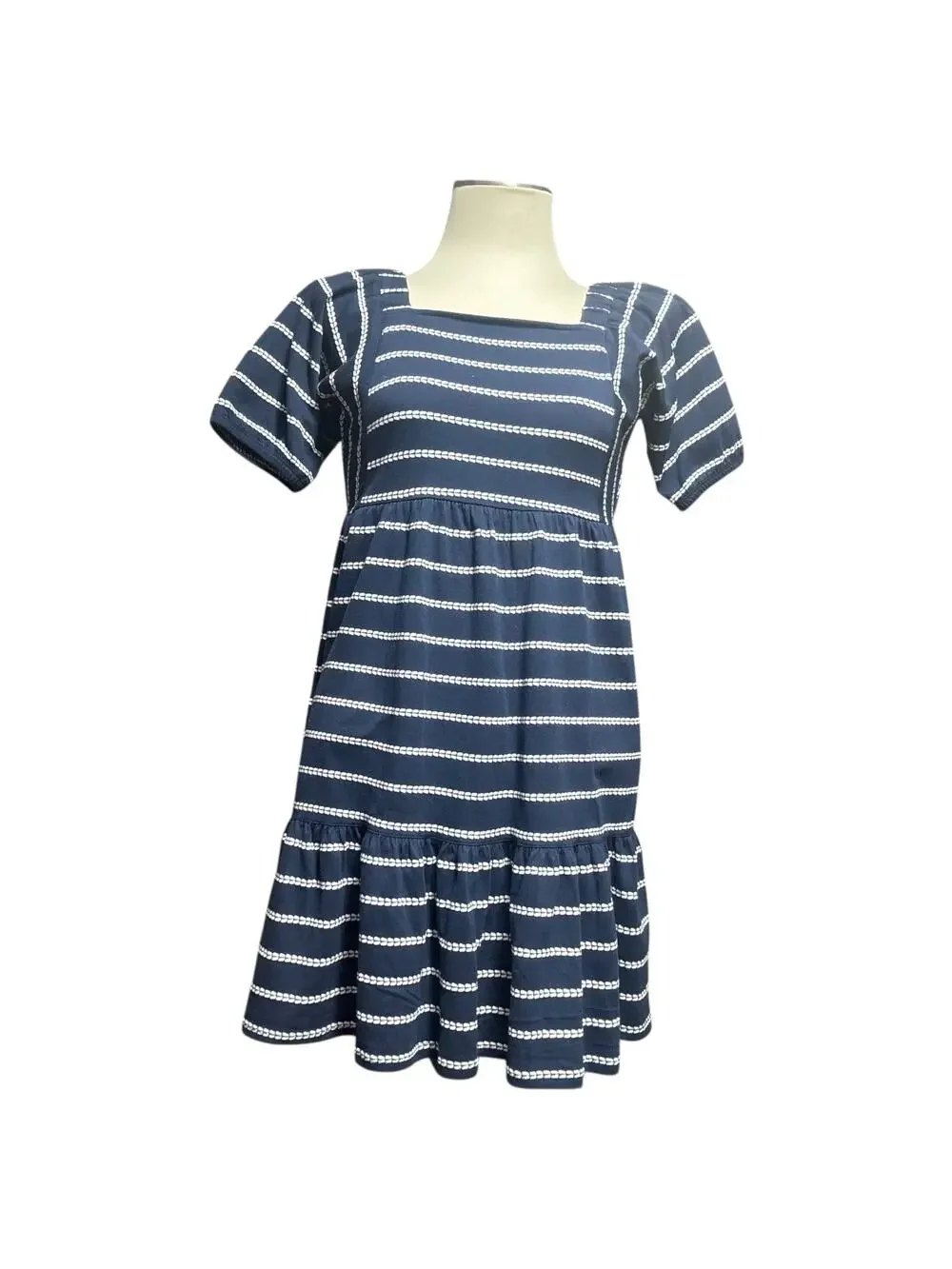 Tommy Hilfiger Short Sleeve Square Neck Tiered Dress Blue White XL 16